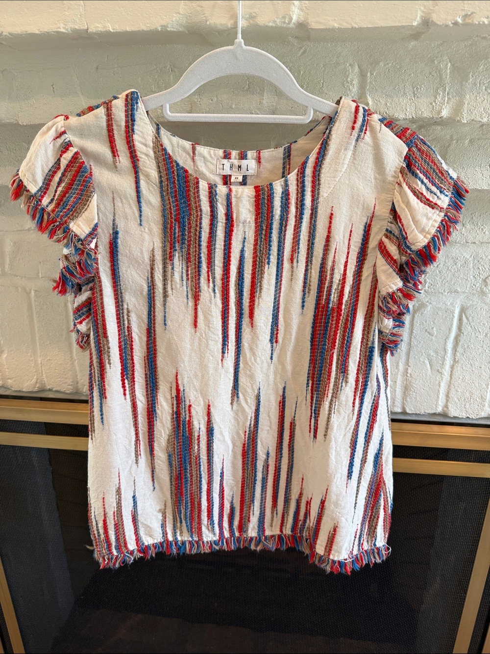 THML White Short Sleeve Fringe Top with Red & Blue Stripes